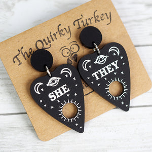 Pronoun Ouija Planchette Earrings - She/They