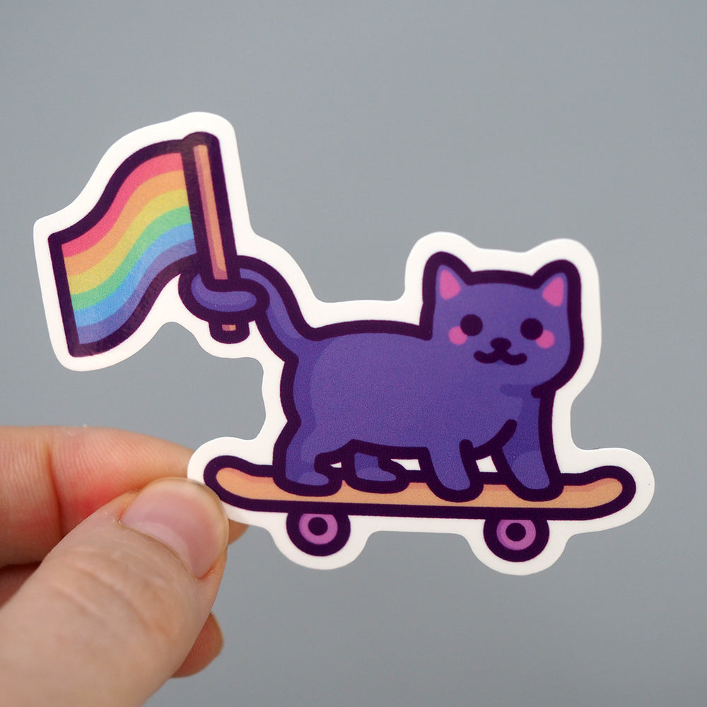 LGBTQ+ Pride Vinyl Sticker -  Skateboard Cat