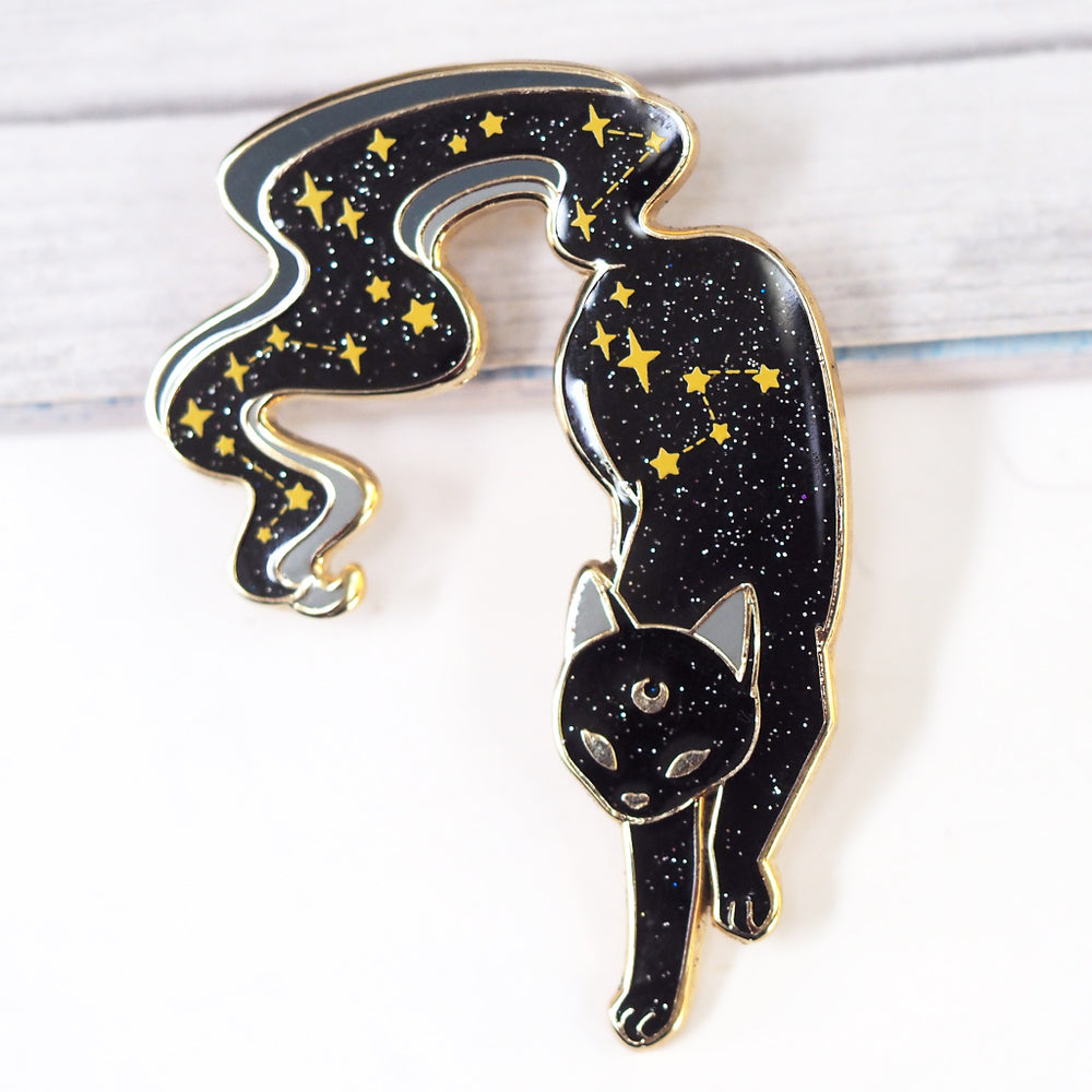 Galaxy Void Cat - Glitter Metal Enamel Pin (Black)