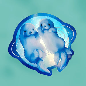 Holographic Vinyl Sticker - Cosmic Otters Holding Hands