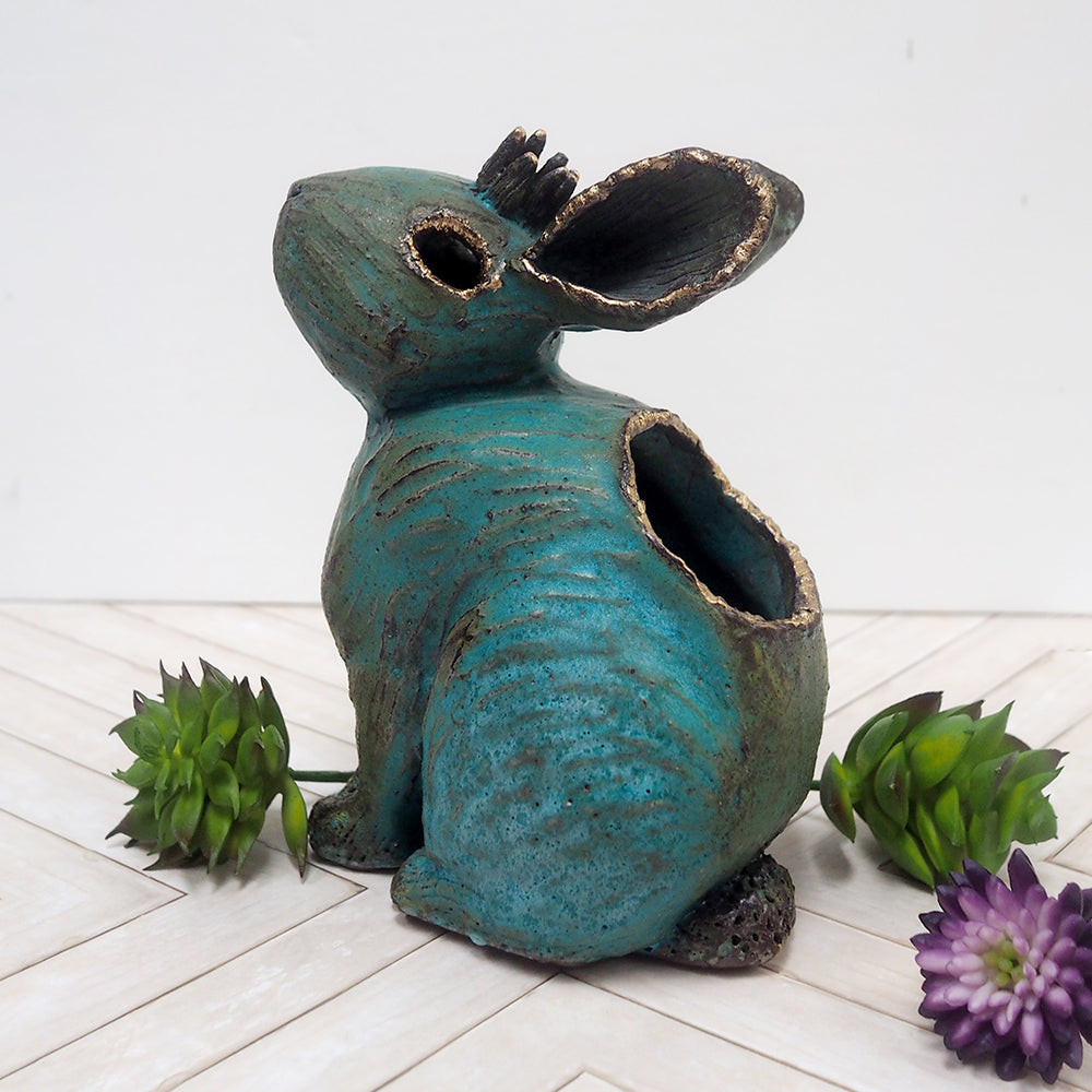 One-of-a-kind Ceramic Crowned Rabbit Sculpture - Planter / Vase