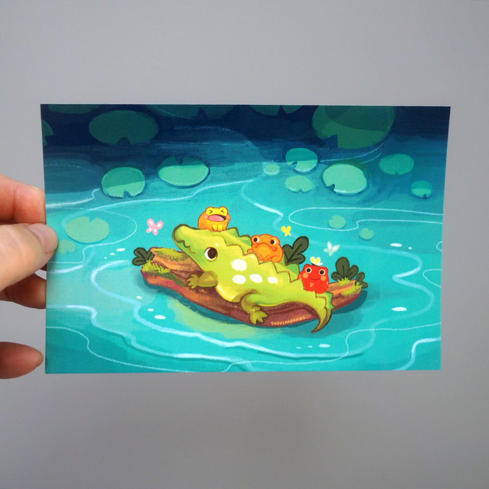 Swamp Bus Alligator & Frog Friends - Art Print Postcard