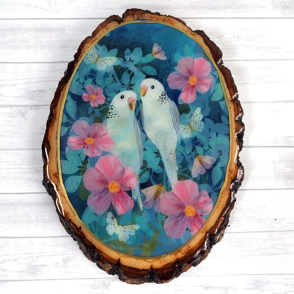 Fine Art Wooden Plaque - Limited Edition Budgies