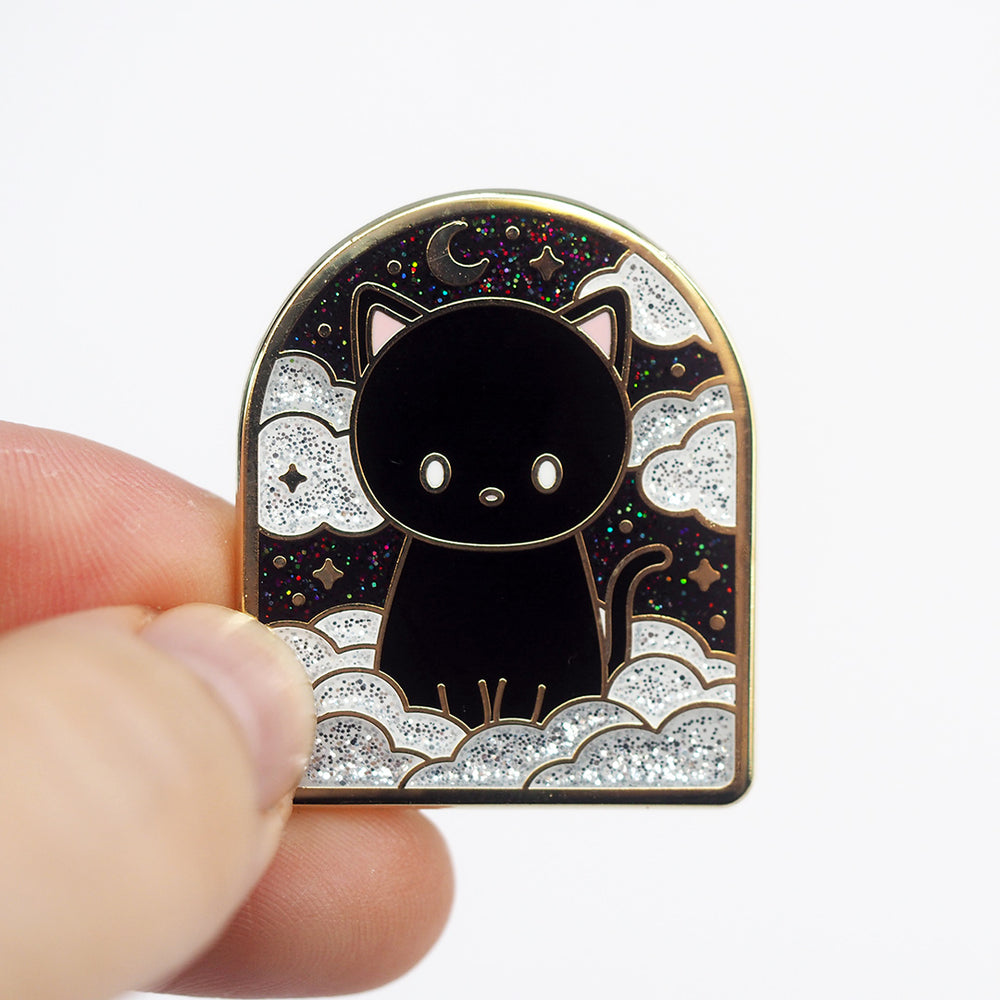 Black Cat Void Night Skies - Glitter Metal Enameled Pin