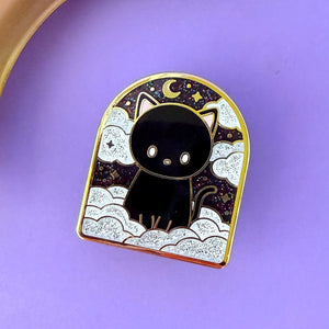 Black Cat Void Night Skies - Glitter Metal Enameled Pin