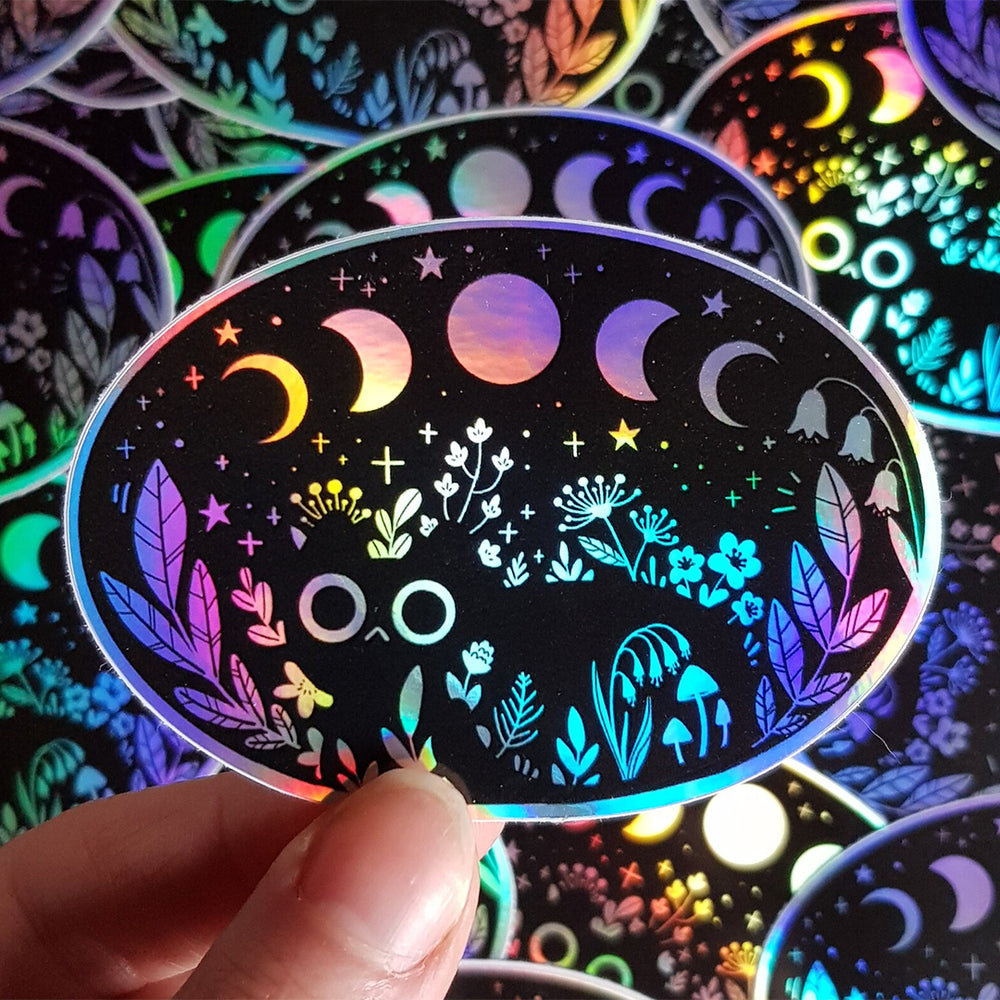 Moon Phases Night Time Cat - Holographic Vinyl Sticker