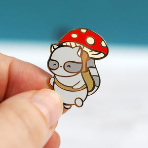 Raccoon Mushroom Forager - Metal Enamel Pin