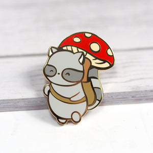 Raccoon Mushroom Forager - Metal Enamel Pin