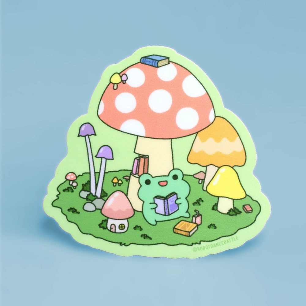 Froggy Reading In Mushrooms - Vinyl Sticker