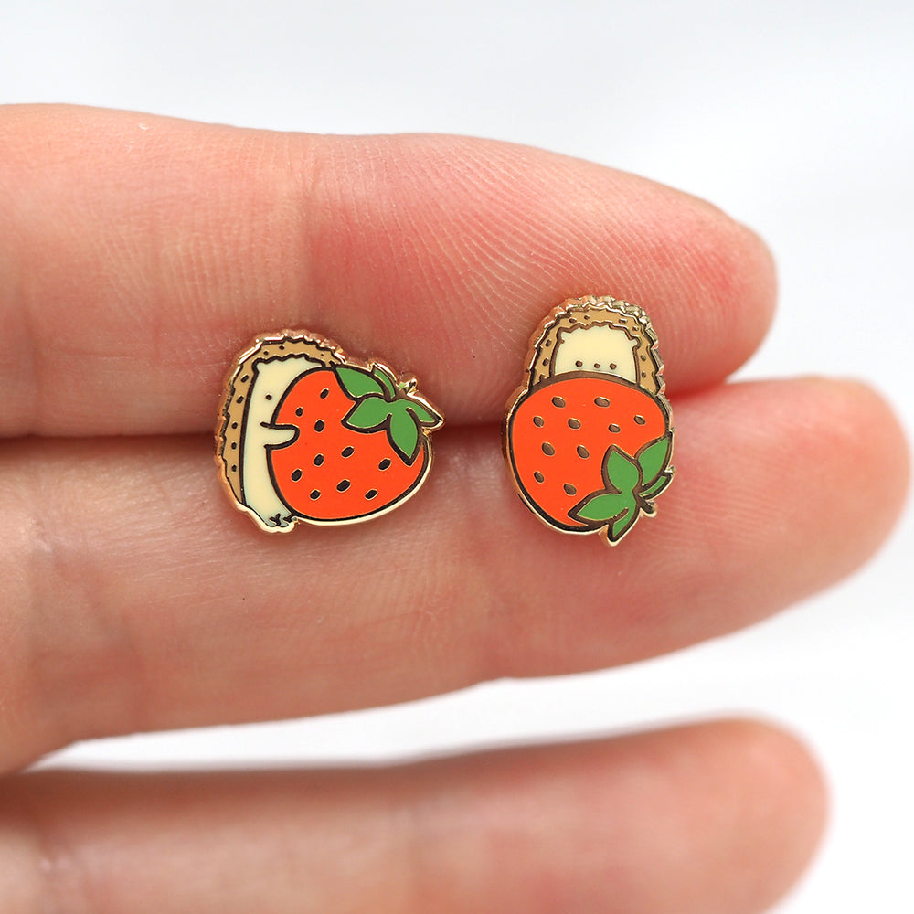 Hedgehog And Strawberries - Asymmetrical Stud Earrings