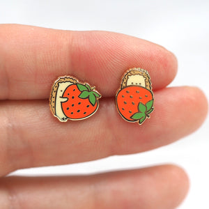 Hedgehog And Strawberries - Asymmetrical Stud Earrings