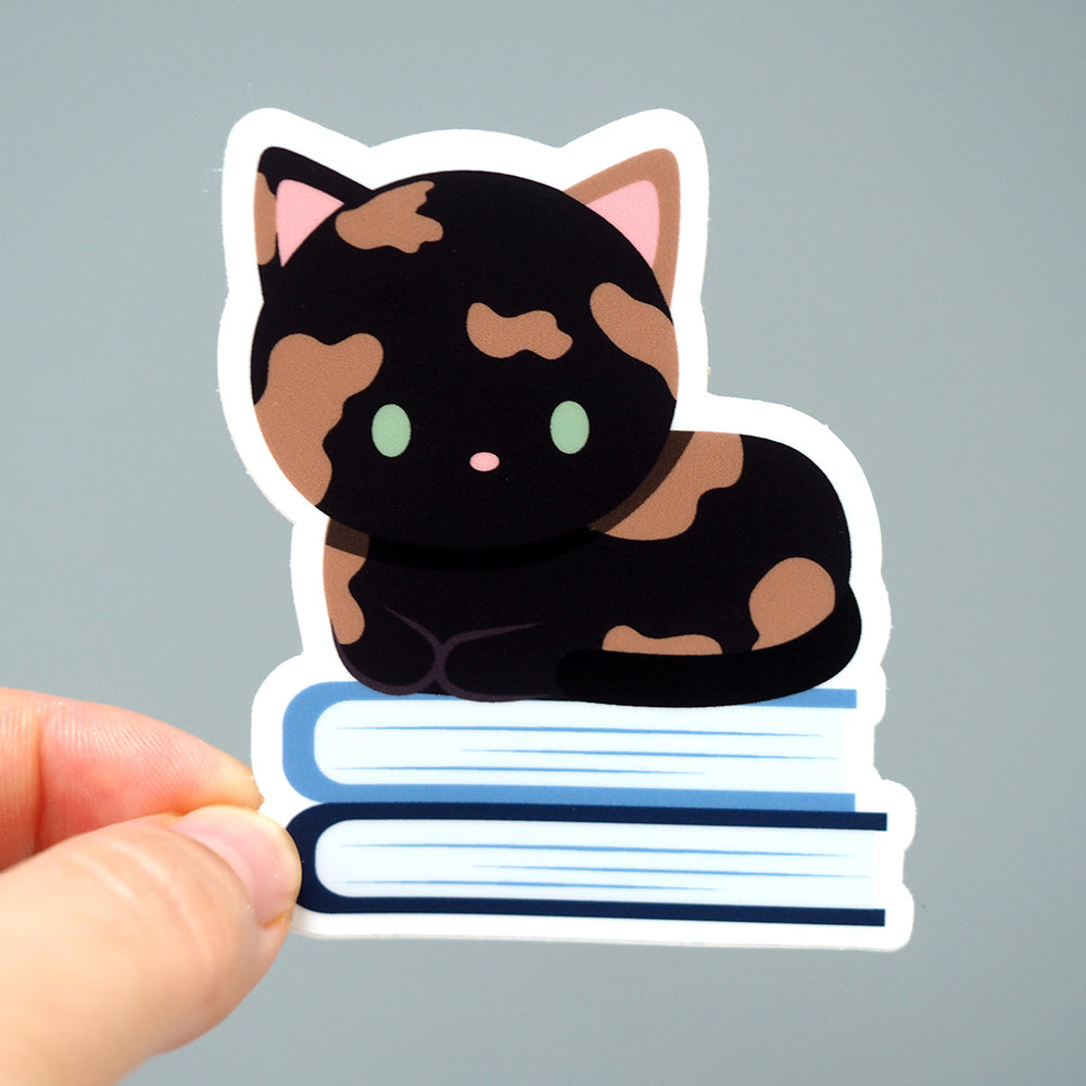 Tortie Cat On Books - Vinyl Sticker