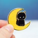 Black Moon Cat - Glitter Metal Enameled Pin