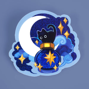 Ink Potion Holographic Vinyl Sticker - Black Cat and Night Sky