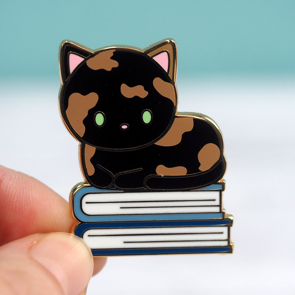 Tortie Book Cat - Metal Enamel Pin