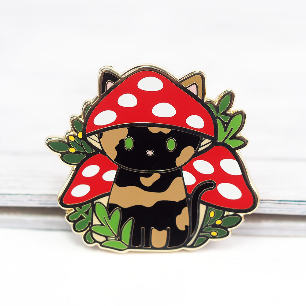 Mushroom Tortie Cat - Metal Enamel Pin