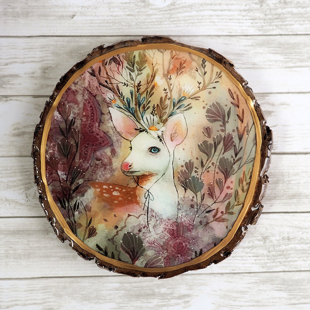 Fine Art Wooden Plaque - Deer & Flowers - SHIPS 3/1