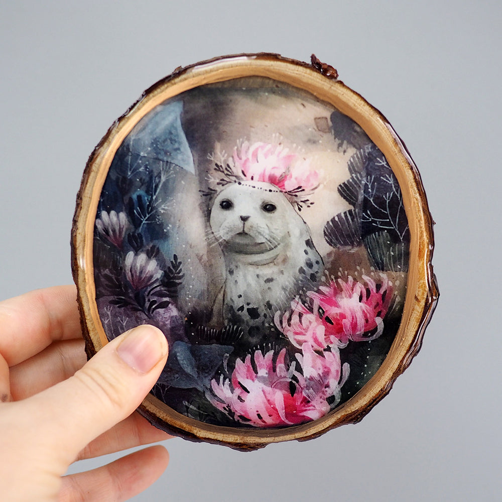
            
                Load image into Gallery viewer, Fine Art Wooden Plaque - Seal in Floral Crown
            
        
