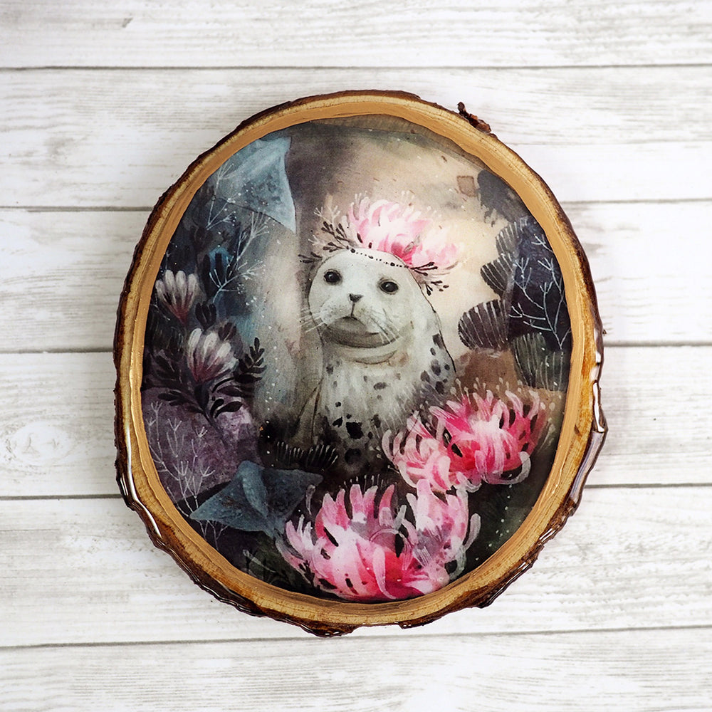 
            
                Load image into Gallery viewer, Fine Art Wooden Plaque - Seal in Floral Crown
            
        