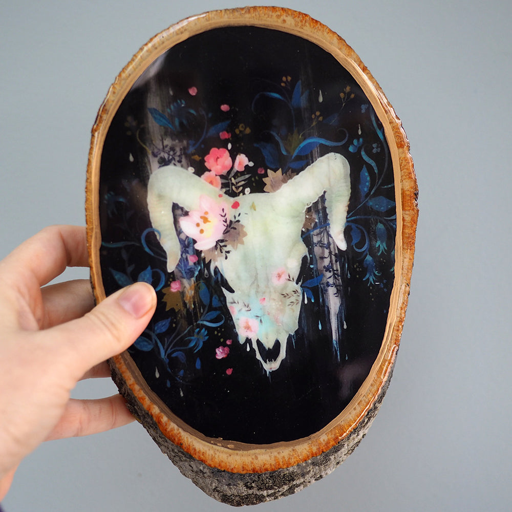 Fine Art Wooden Plaque - Ram Skull & Flowers