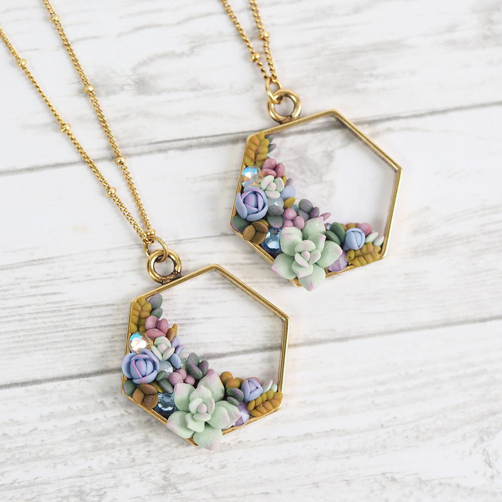 
            
                Load image into Gallery viewer, Succulent Wreath Hexagon Necklace
            
        