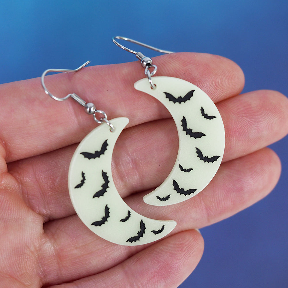 Glow-In-The-Dark Bat Moon Earrings