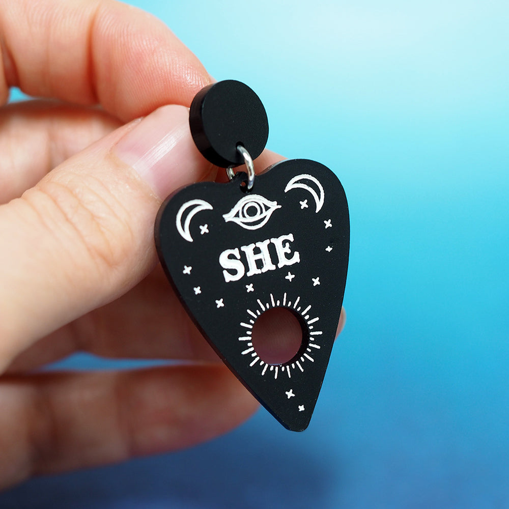 
            
                Load image into Gallery viewer, Pronoun Ouija Planchette Earrings - She/Her
            
        