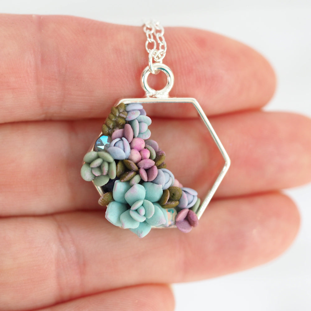 Succulent Wreath Hexagon Necklace - Silver