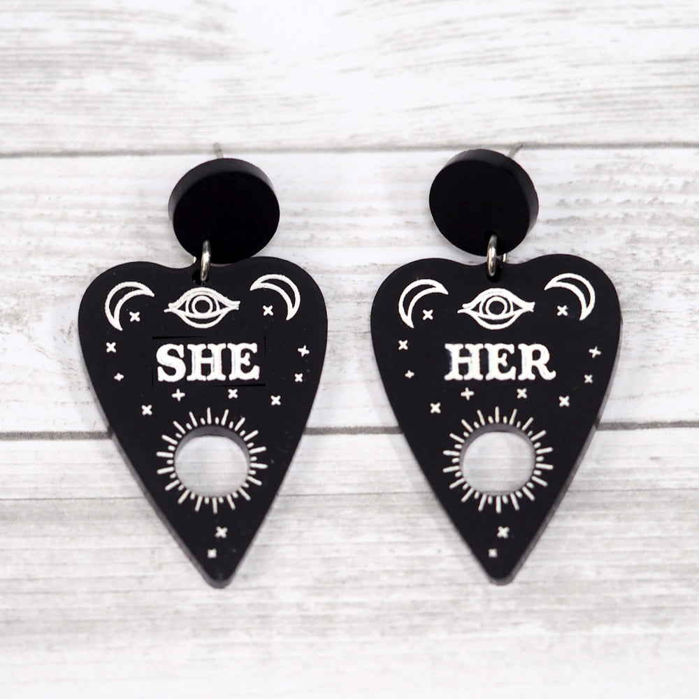 Pronoun Ouija Planchette Earrings - She/Her
