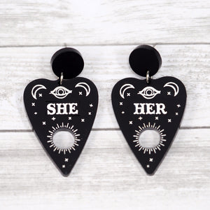 
            
                Load image into Gallery viewer, Pronoun Ouija Planchette Earrings - She/Her
            
        
