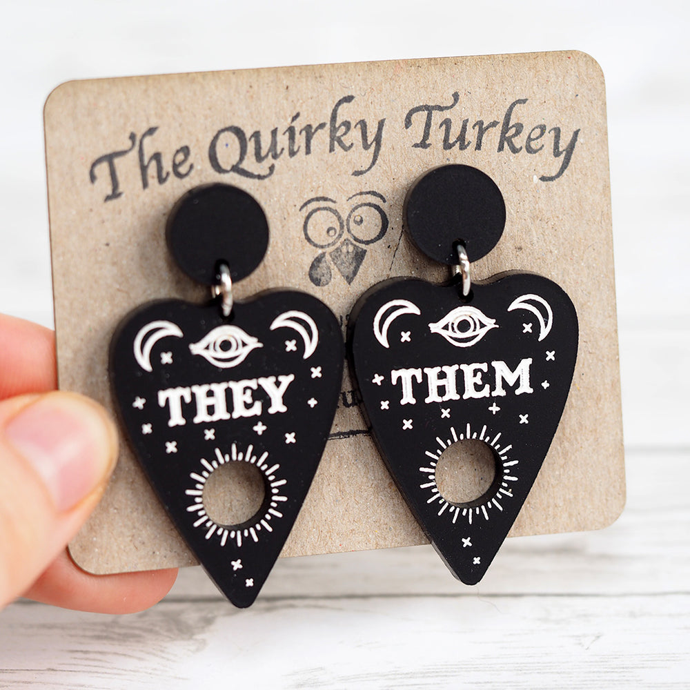 Pronoun Ouija Planchette Earrings - They/Them