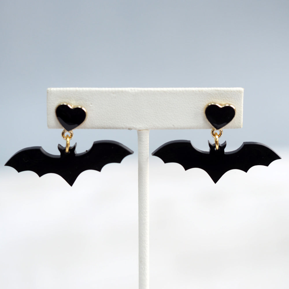 Black Heart Bat Earrings