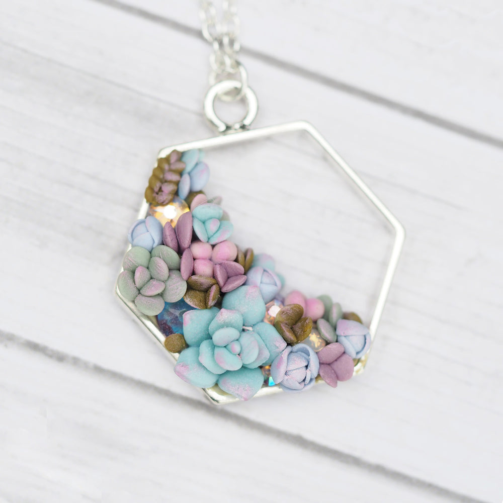
            
                Load image into Gallery viewer, Succulent Wreath Hexagon Necklace - Silver
            
        