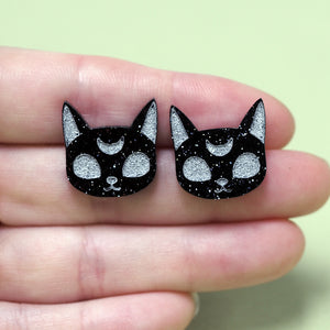 Luna Black Cat - Glitter Stud Earrings