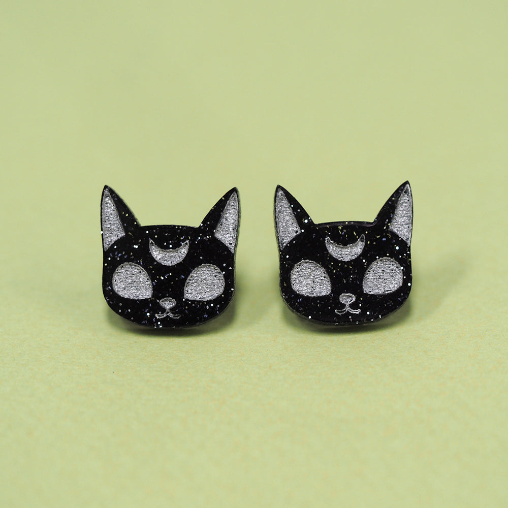 Luna Black Cat - Glitter Stud Earrings