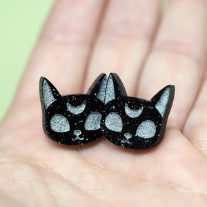 Luna Black Cat - Glitter Stud Earrings