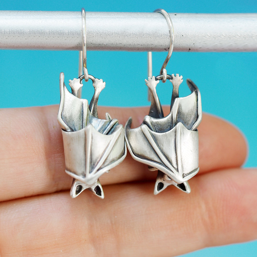 Precious Handmade Sleeping Bat Earrings - Sterling Silver