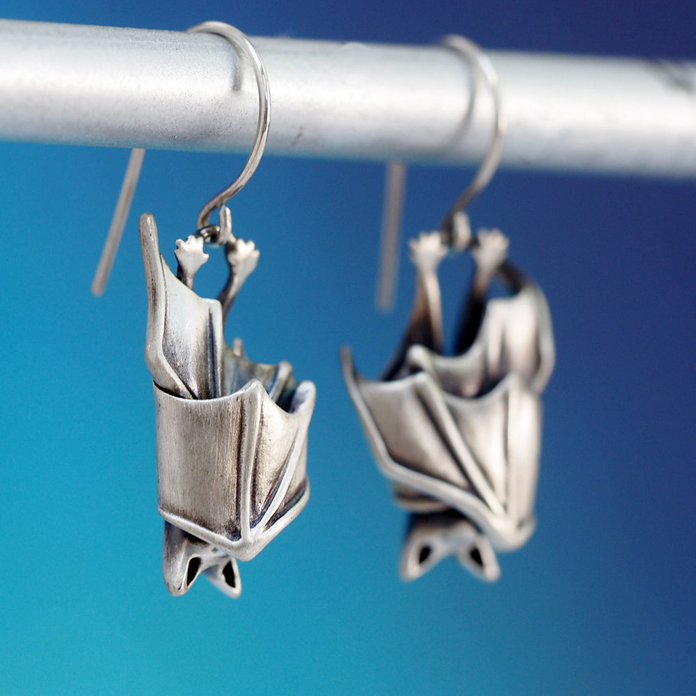 Precious Handmade Sleeping Bat Earrings - Sterling Silver