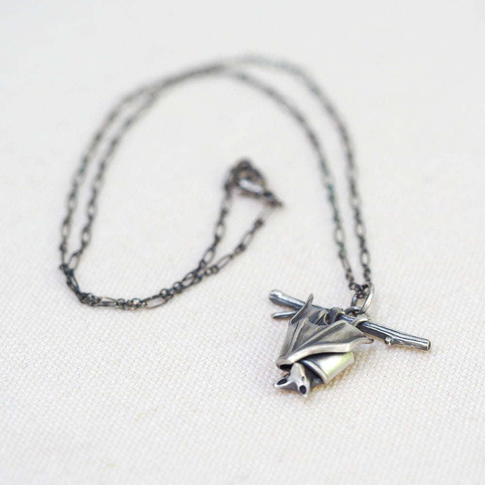 Handmade Sleeping Bat Necklace - Sterling Silver