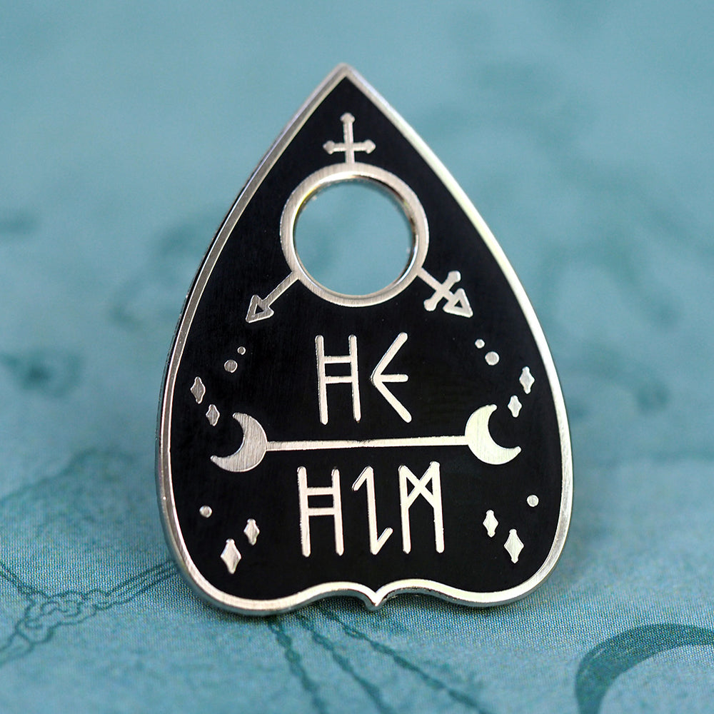 
            
                Load image into Gallery viewer, He/Him Planchette Metal Enamel Pin
            
        