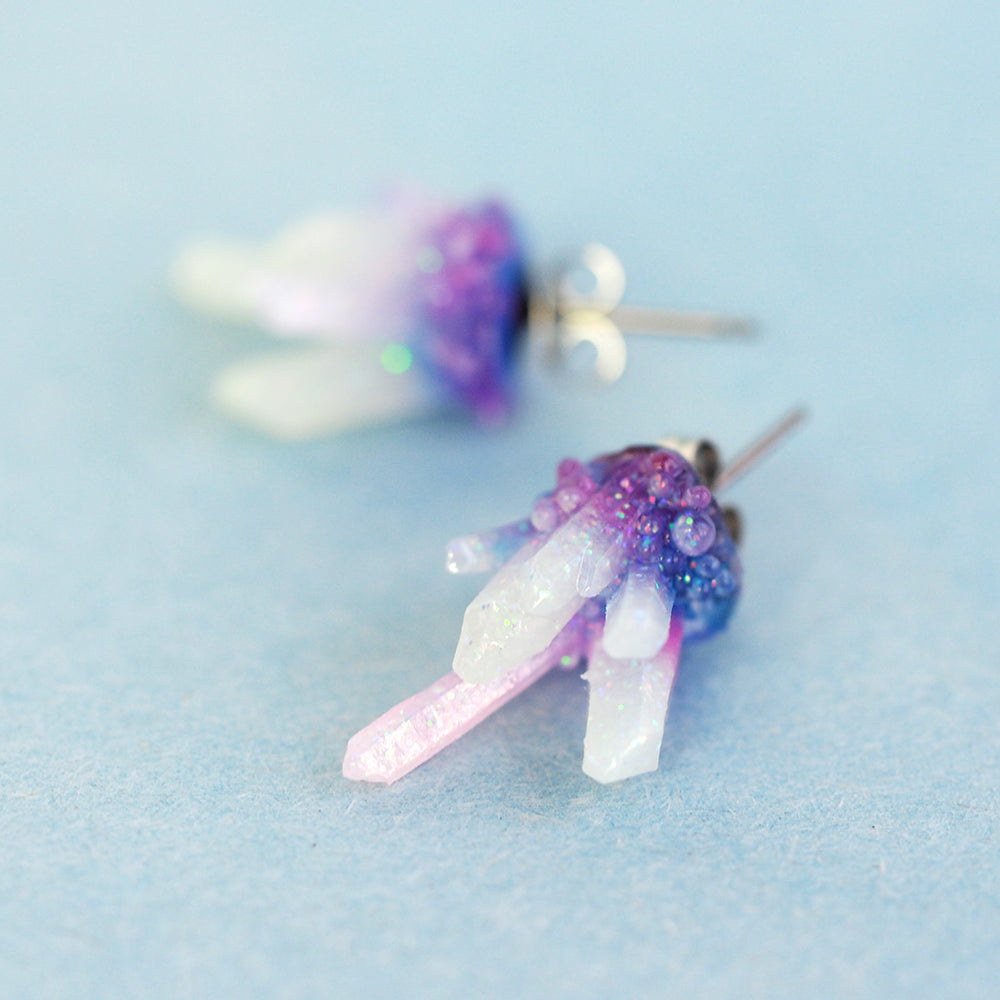 Crystal Cluster Stud Earrings - Pink Purple & Blue Shimmer