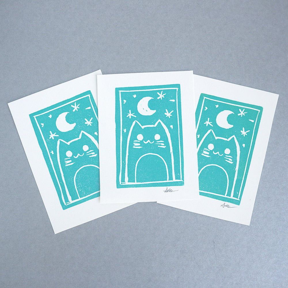 Linocut Mini Print - Moon Cat - Turquoise Blue