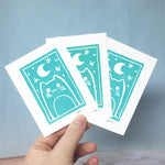 Linocut Mini Print - Moon Cat - Turquoise Blue
