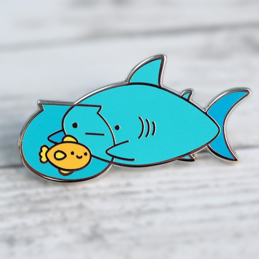 
            
                Load image into Gallery viewer, Shark Friends Goldfish Bowl - Metal Enameled Pin
            
        
