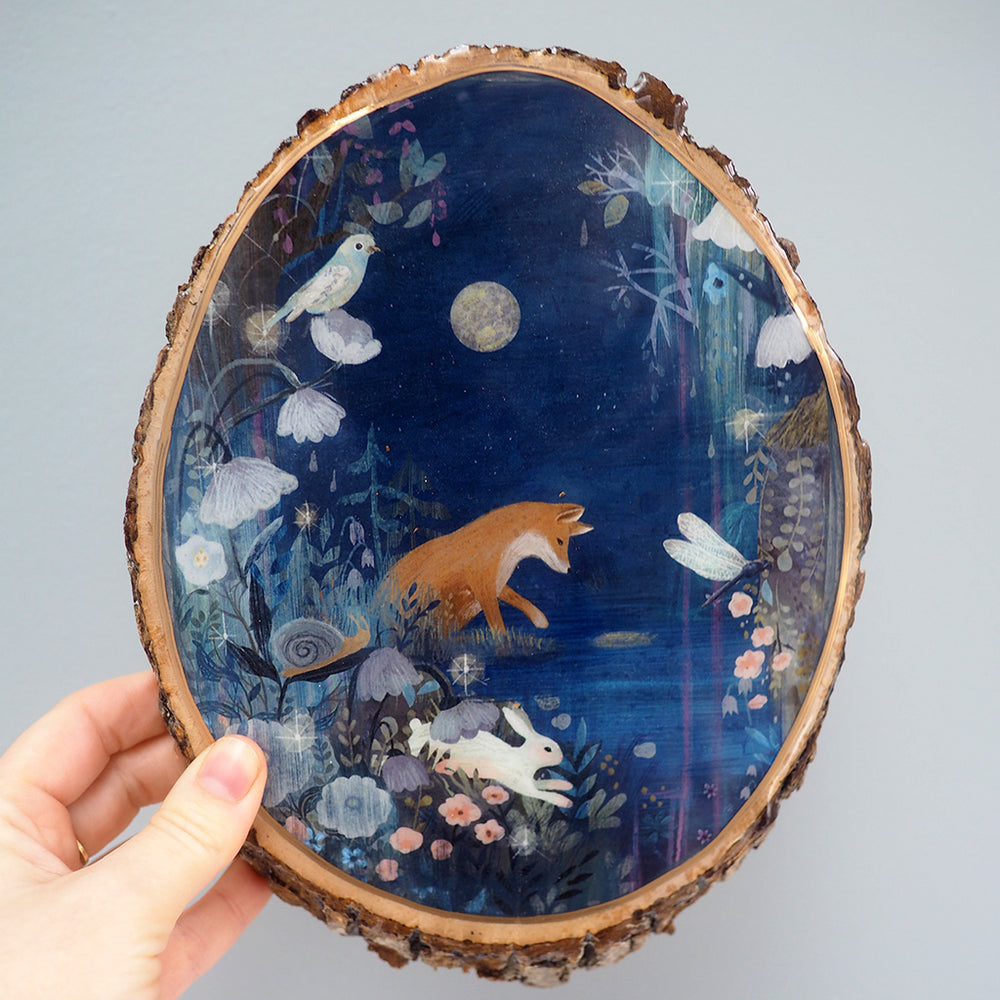 Fine Art Wooden Plaque - Fox & Moon - SHIP 3/1