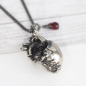 Silver Anatomical Heart Necklace with Garnet Pendant