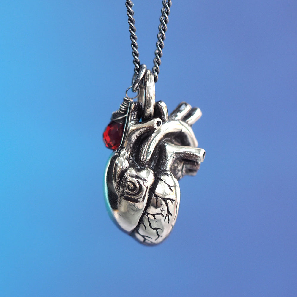 Silver Anatomical Heart Necklace with Garnet Pendant