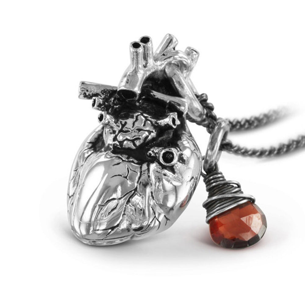 Silver Anatomical Heart Necklace with Garnet Pendant