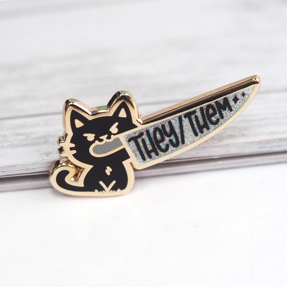
            
                Load image into Gallery viewer, Pronoun Knife Cat - Glitter Metal Enameled Pin
            
        