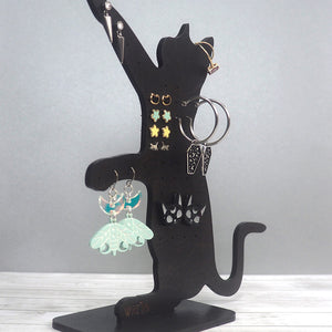 Wooden Cat Earrings Organizer Stand - Black